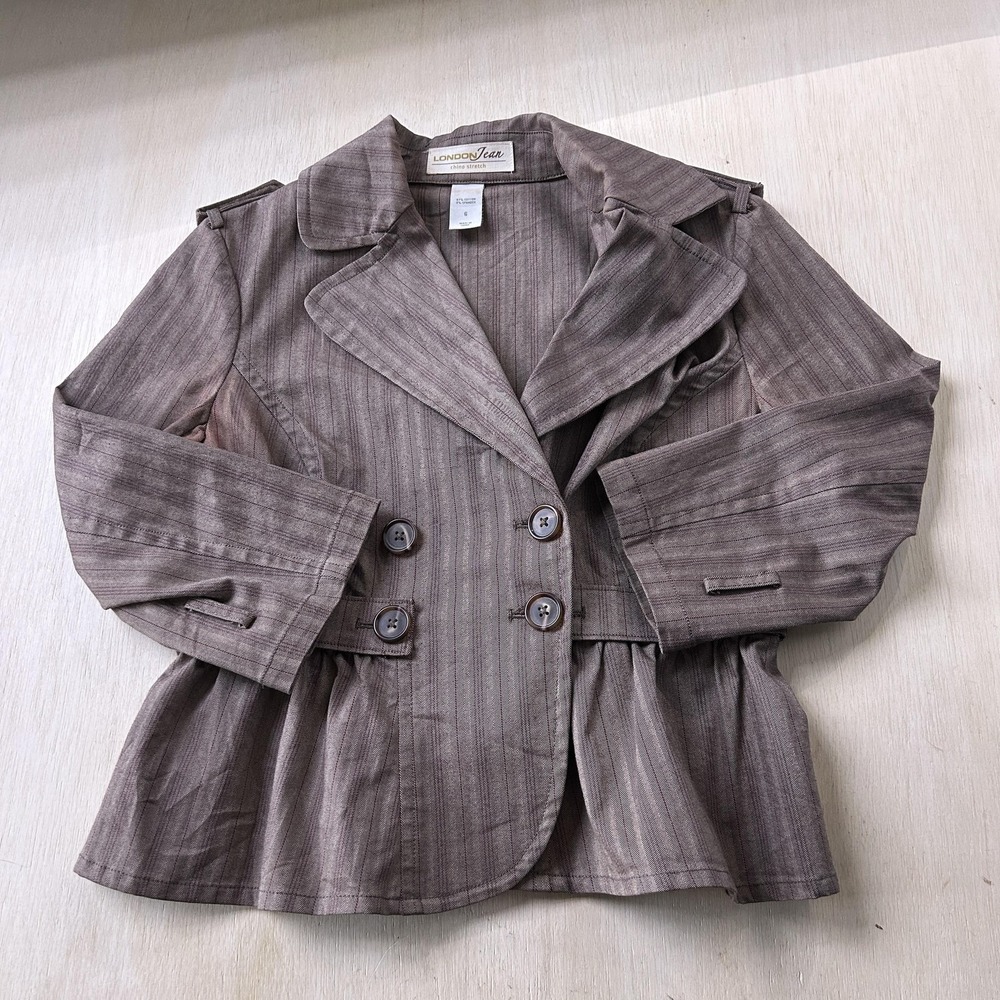 Y2K London Jeans Blazer Jacket Women 6 Brown Herringbone Stretch 4 Button Peplum
